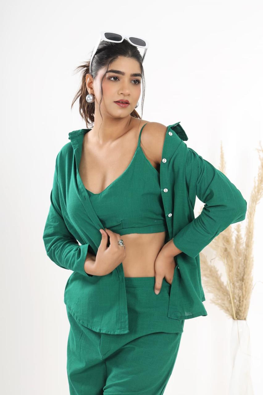 Beautiful Cotton Slub Fabric Inner Top With Opanable Shirt With Pocket Attched Pant