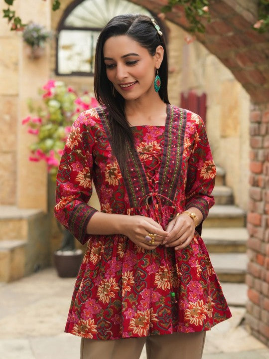 Floral Print Cotton Empire Top / Women dress