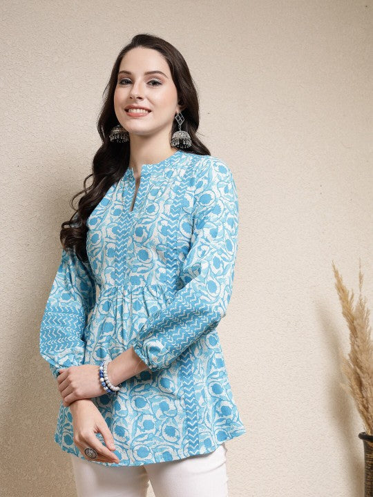 Turquoise Blue Floral Printed Mandarin Collar Indigo Cotton Top