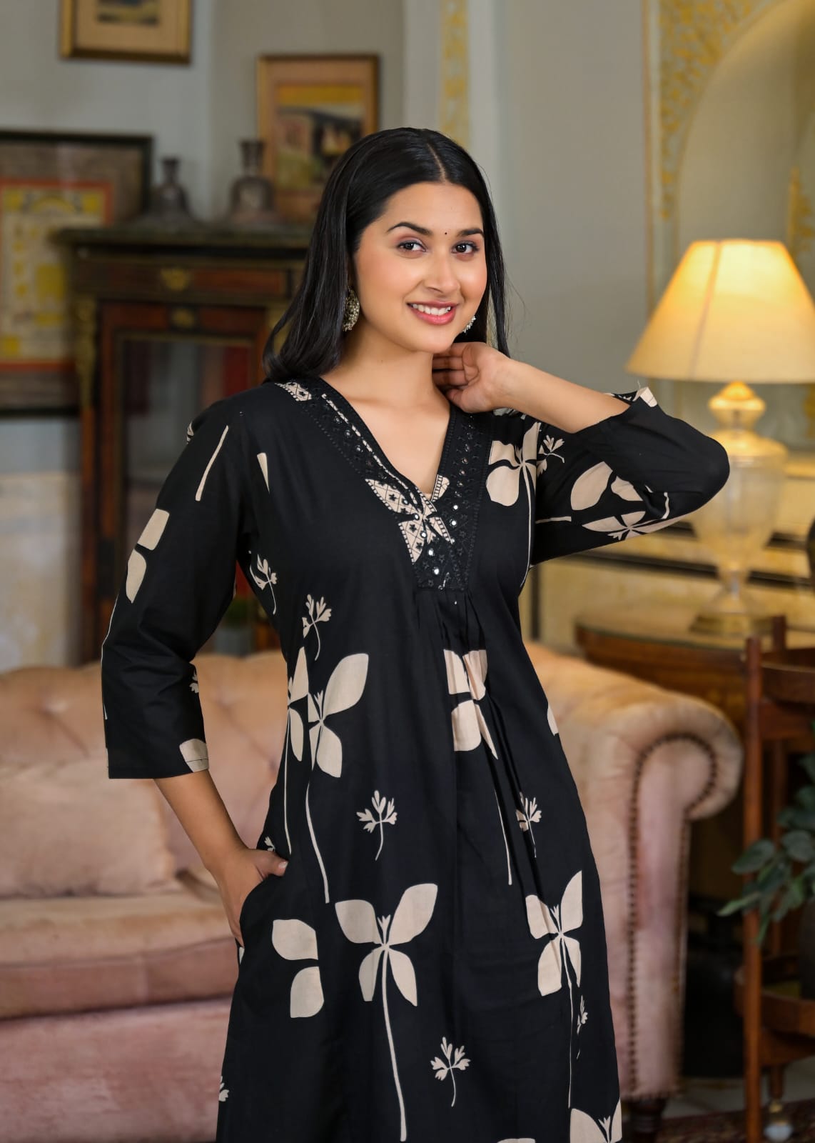 Beautiful Pure Cotton Fabric Printed A Line Kurti With Pocket + Embroidered V-Neck border Paired With Printed Pant