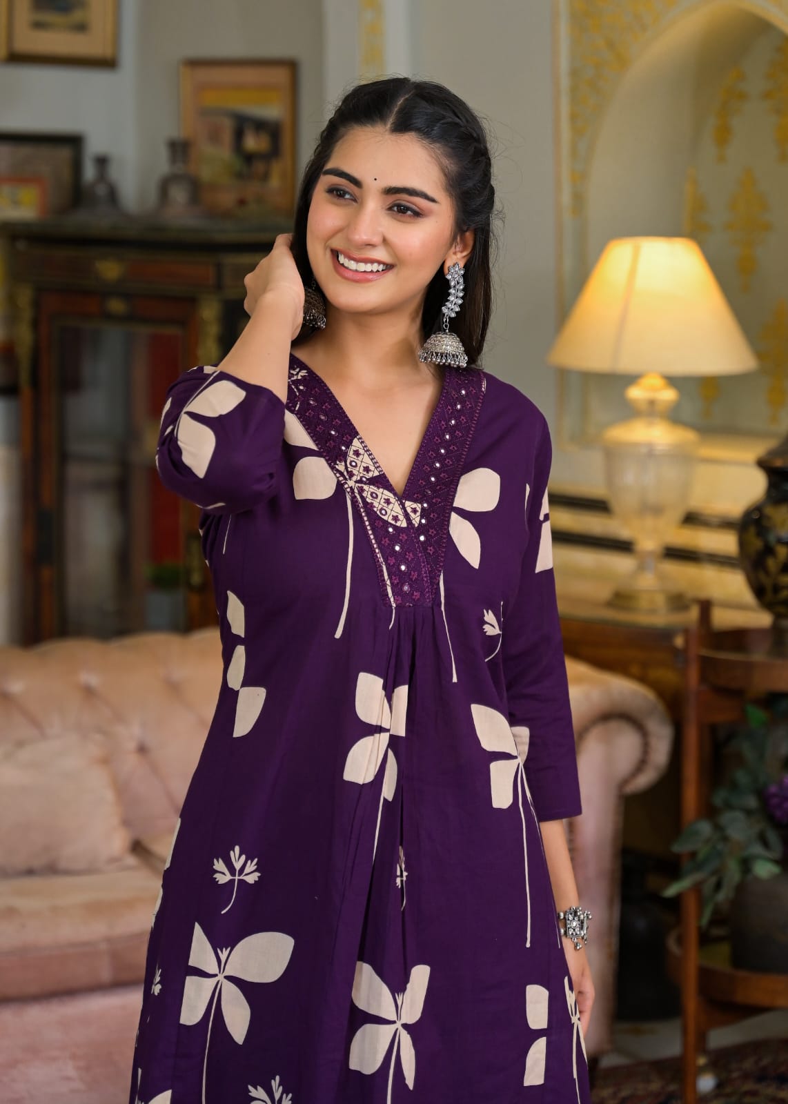 Beautiful Pure Cotton Fabric Printed A Line Kurti With Pocket + Embroidered V-Neck border Paired With Printed Pant