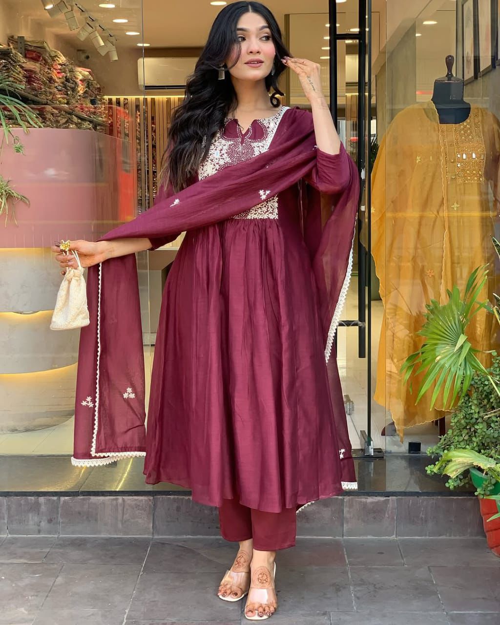 New anarkali kurta set with Cotton Pant & Malmal Dupatta with tier pattern