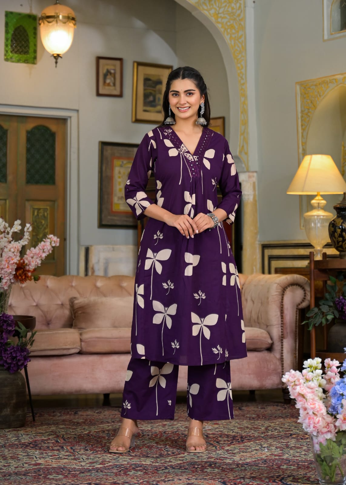 Beautiful Pure Cotton Fabric Printed A Line Kurti With Pocket + Embroidered V-Neck border Paired With Printed Pant
