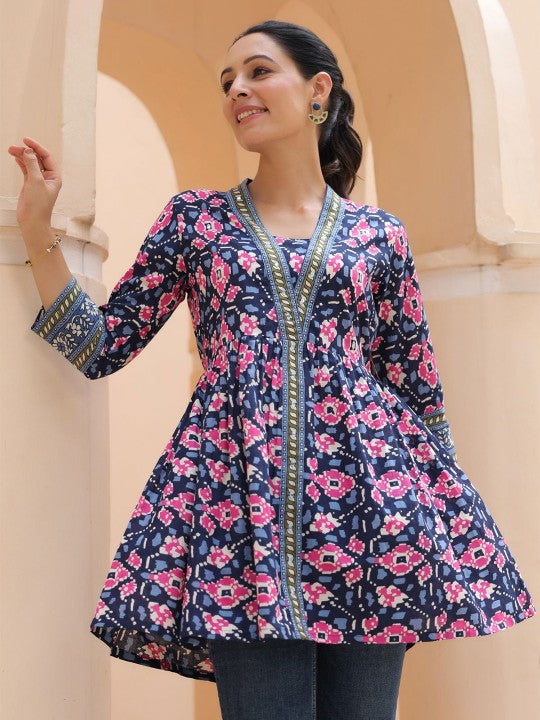 Floral Printed V-Neck A-Line Cotton Top