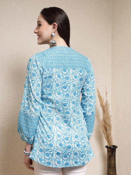 Turquoise Blue Floral Printed Mandarin Collar Indigo Cotton Top