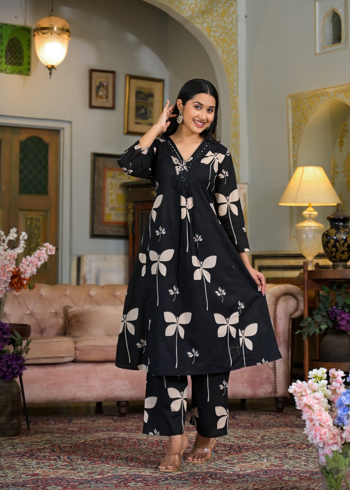 Beautiful Pure Cotton Fabric Printed A Line Kurti With Pocket + Embroidered V-Neck border Paired With Printed Pant