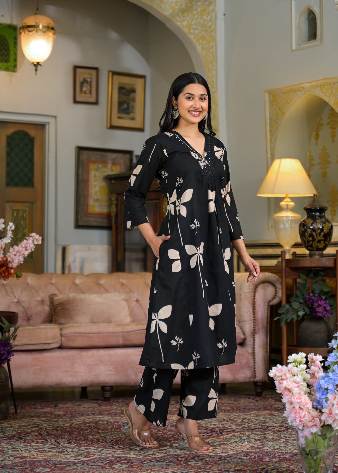 Beautiful Pure Cotton Fabric Printed A Line Kurti With Pocket + Embroidered V-Neck border Paired With Printed Pant