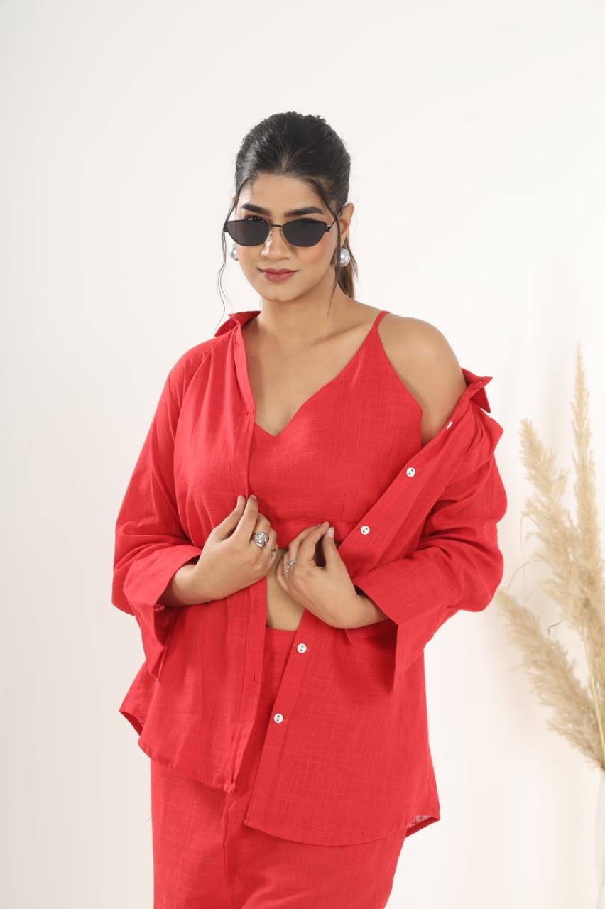 Beautiful Cotton Slub Fabric Inner Top With Opanable Shirt With Pocket Attched Pant