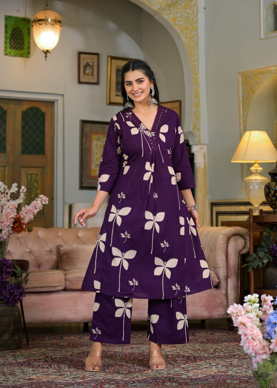 Beautiful Pure Cotton Fabric Printed A Line Kurti With Pocket + Embroidered V-Neck border Paired With Printed Pant