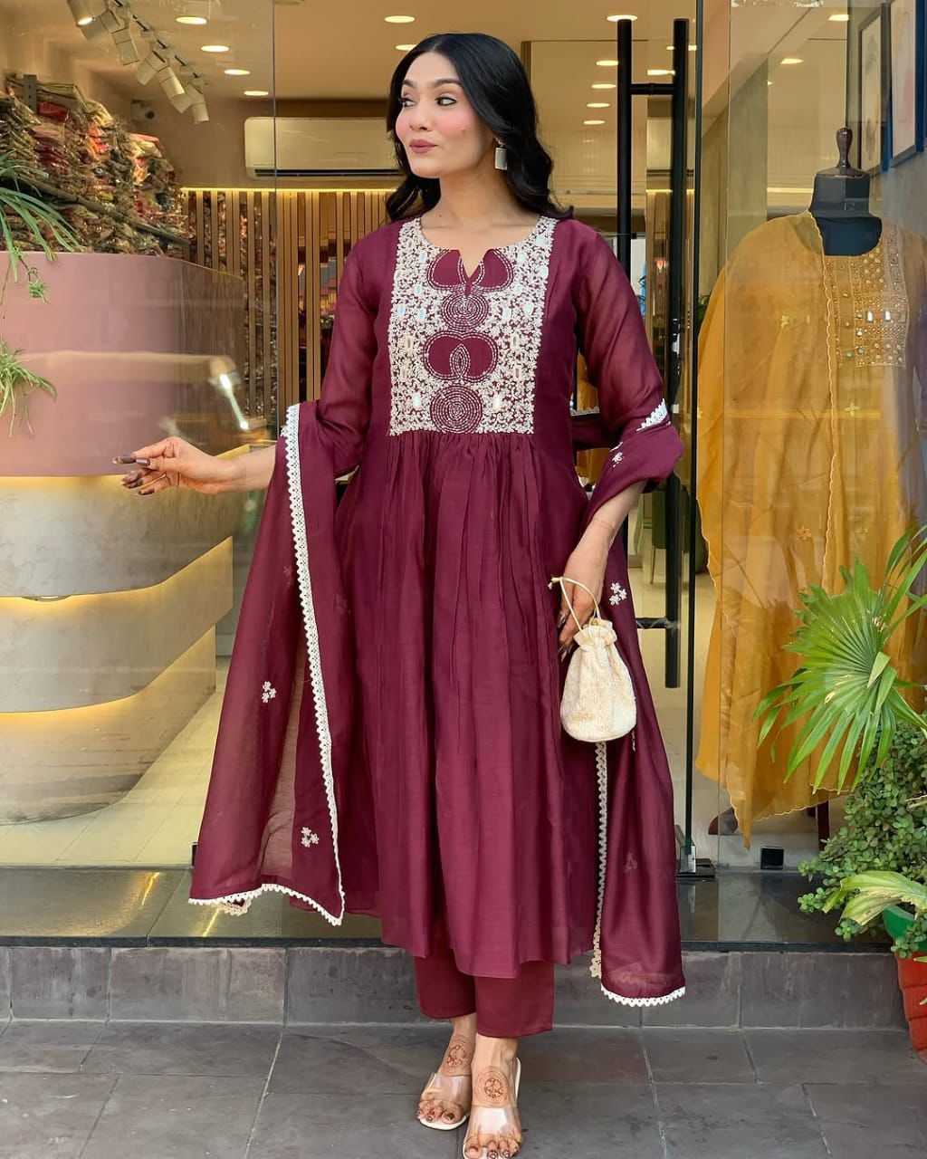 New anarkali kurta set with Cotton Pant & Malmal Dupatta with tier pattern