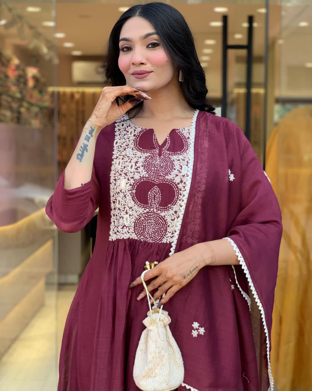 New anarkali kurta set with Cotton Pant & Malmal Dupatta with tier pattern