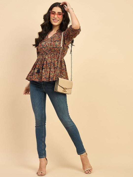 Women Ethnic Printed Mandarin Collar Cotton Top