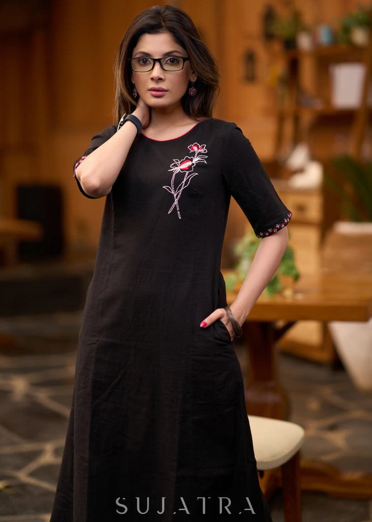 Classy Cotton Flex Black Beauty Kurta With One Side Pocket + Hand Embroidered Work on Yoke And Sleeves Paired With Printed Pant