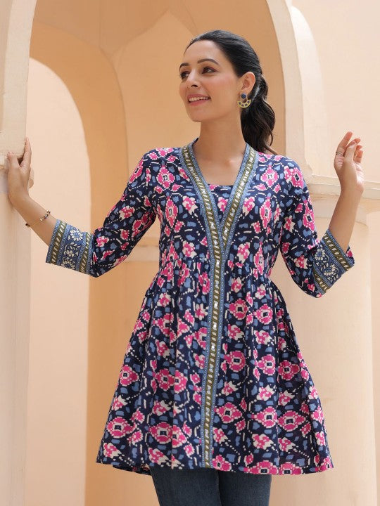 Floral Printed V-Neck A-Line Cotton Top