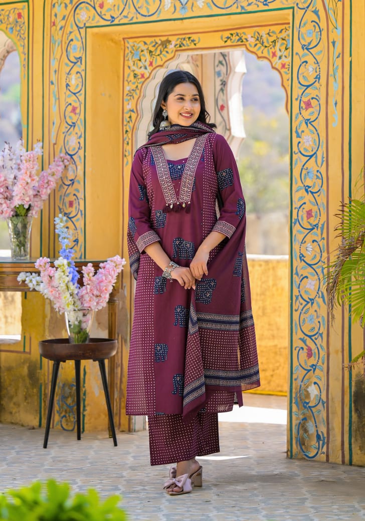 Women Printed Pure Cotton Kurta & Palazzos With Dupatta
