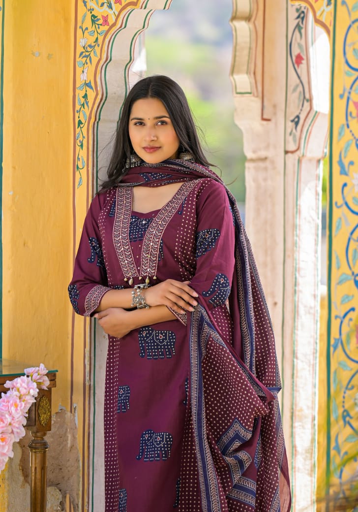 Women Printed Pure Cotton Kurta & Palazzos With Dupatta