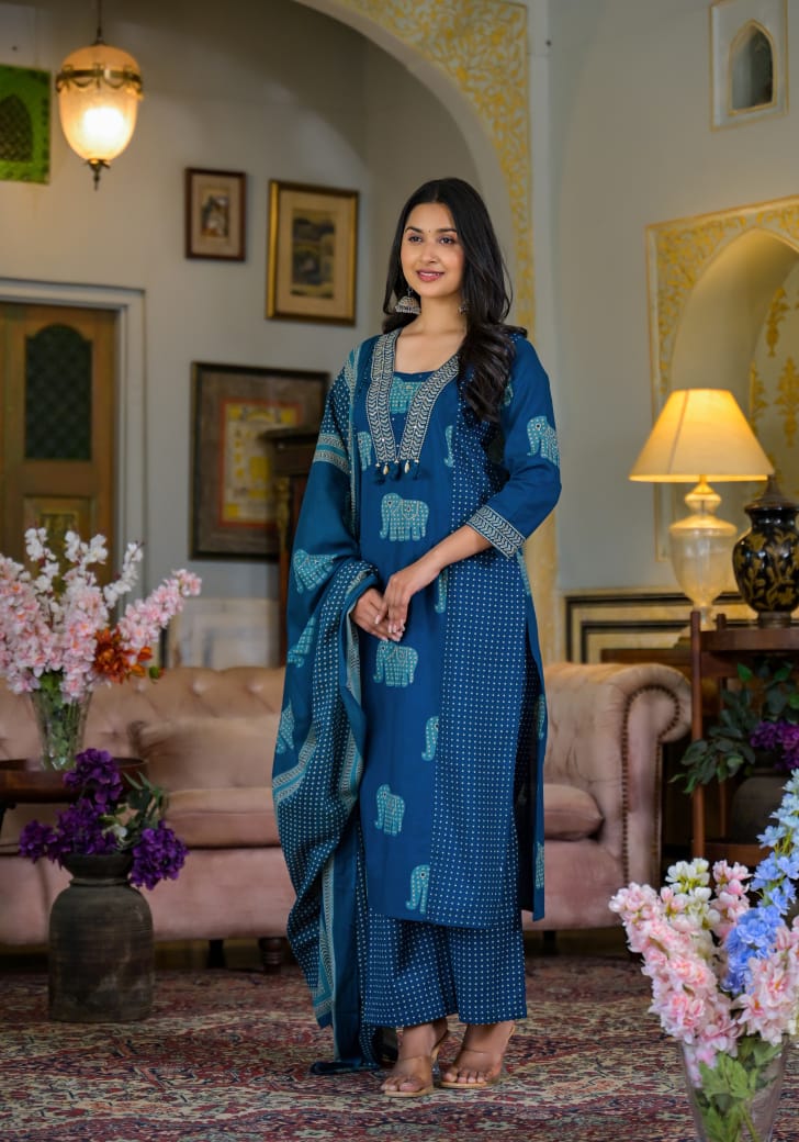 Women Printed Pure Cotton Kurta & Palazzos With Dupatta