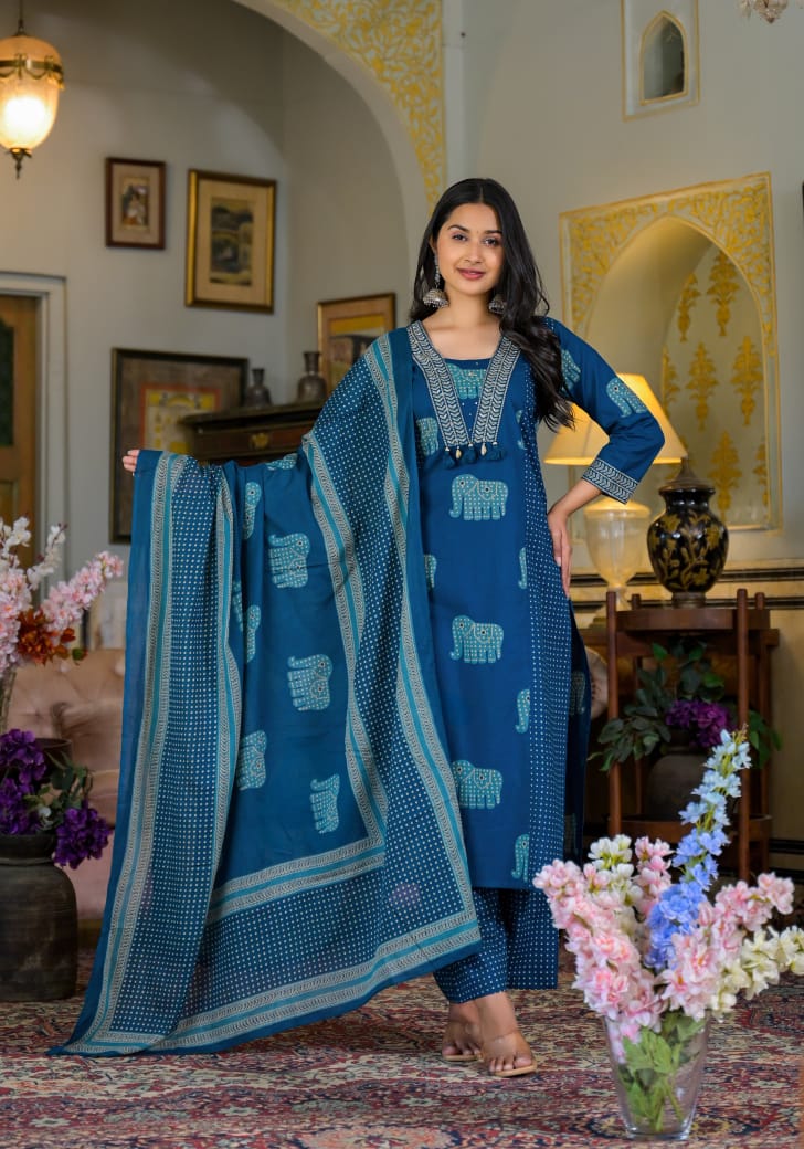Women Printed Pure Cotton Kurta & Palazzos With Dupatta