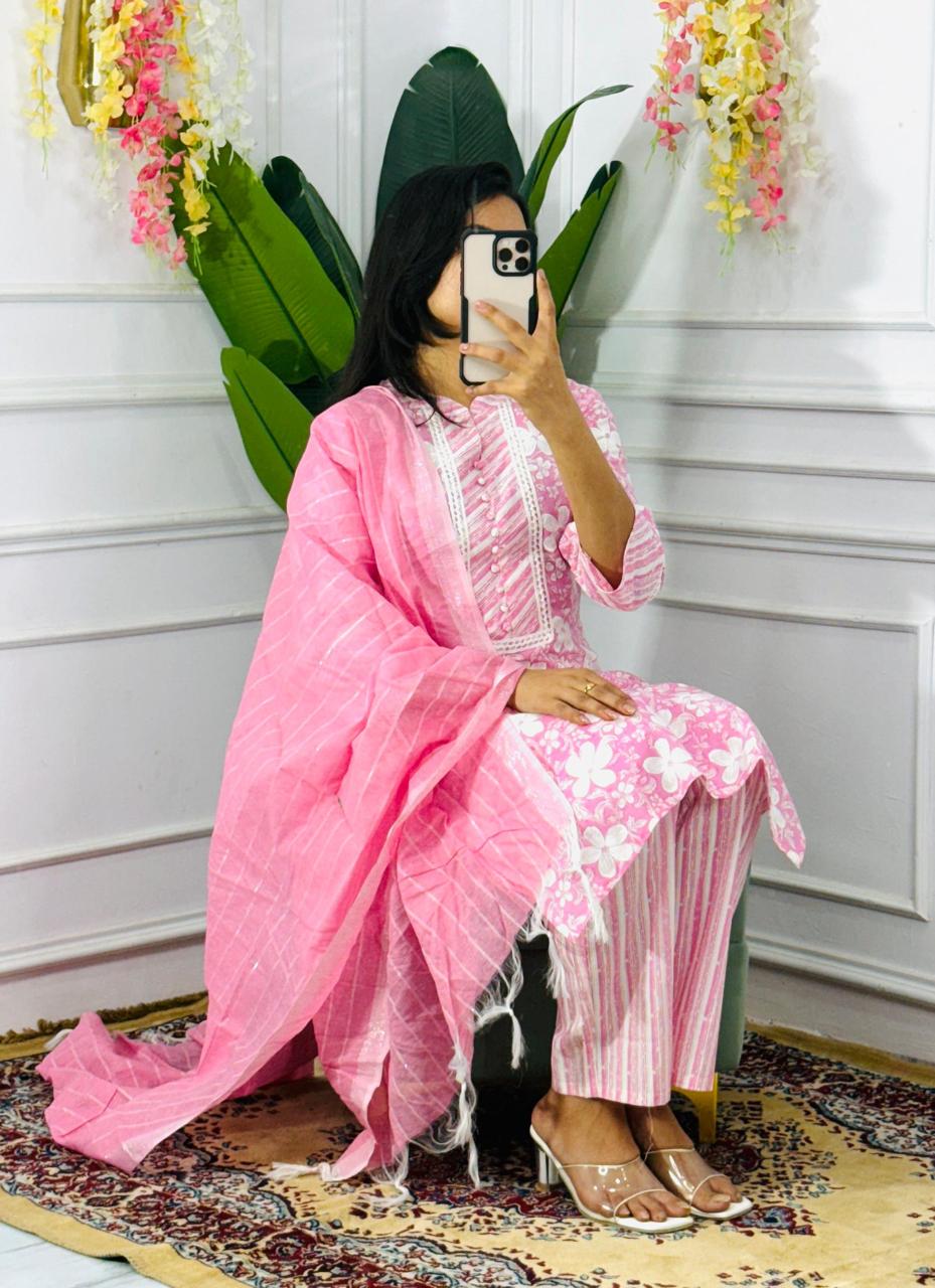 Women Printed Pure Cotton Kurta & Palazzos With Dupatta