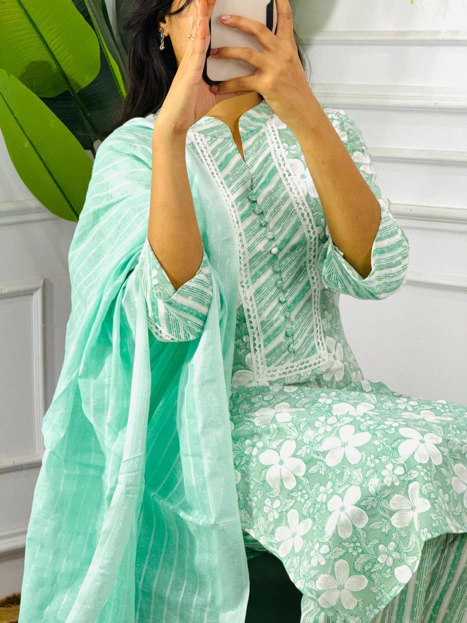 Women Printed Pure Cotton Kurta & Palazzos With Dupatta