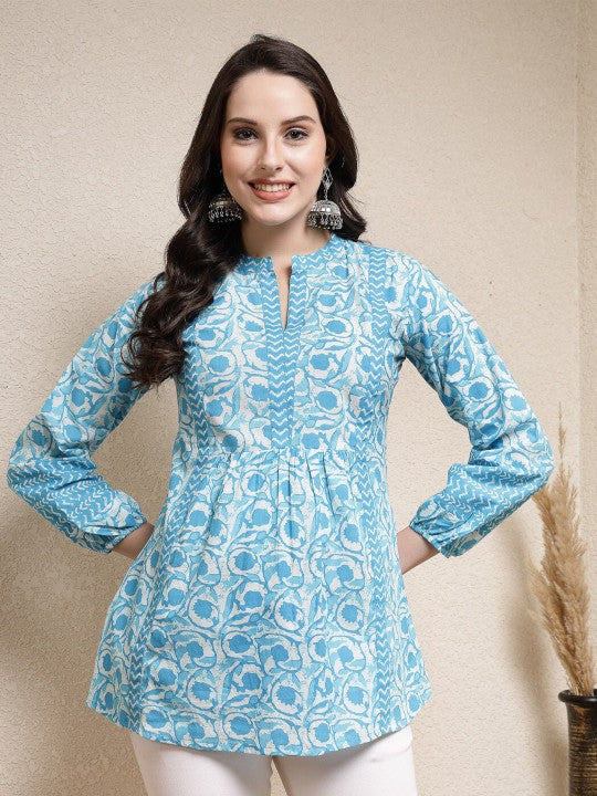 Turquoise Blue Floral Printed Mandarin Collar Indigo Cotton Top