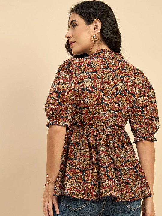 Women Ethnic Printed Mandarin Collar Cotton Top