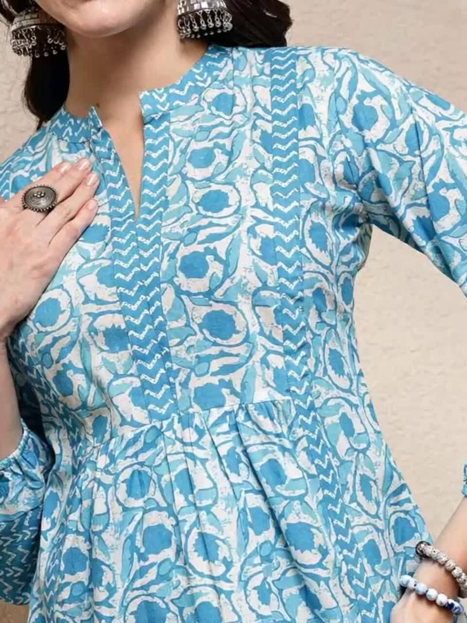 Turquoise Blue Floral Printed Mandarin Collar Indigo Cotton Top