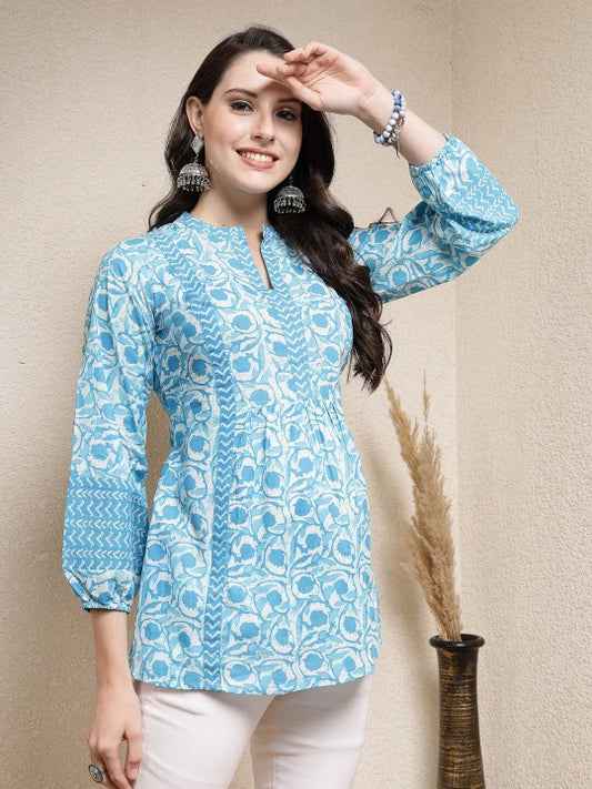 Turquoise Blue Floral Printed Mandarin Collar Indigo Cotton Top