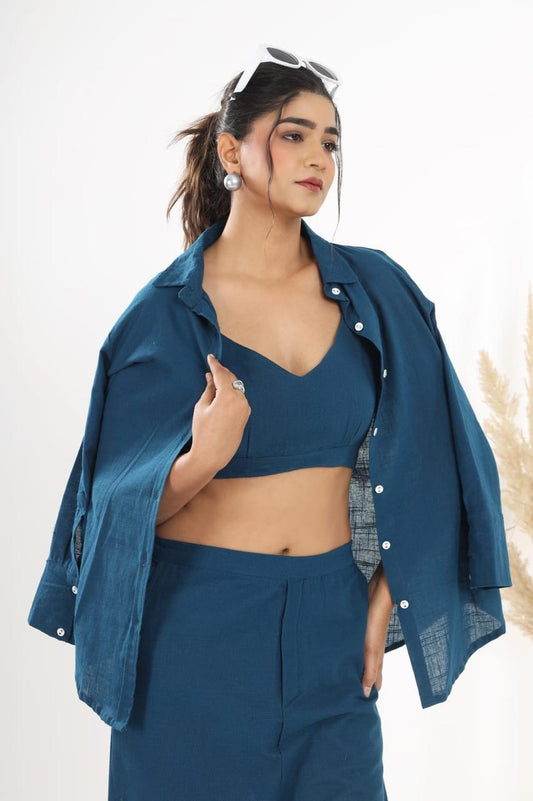 Beautiful Cotton Slub Fabric Inner Top With Opanable Shirt With  Pocket Attched Pant