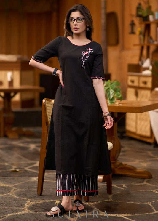Classy Cotton Flex Black Beauty Kurta With One Side Pocket + Hand Embroidered Work on Yoke And Sleeves Paired With Printed Pant