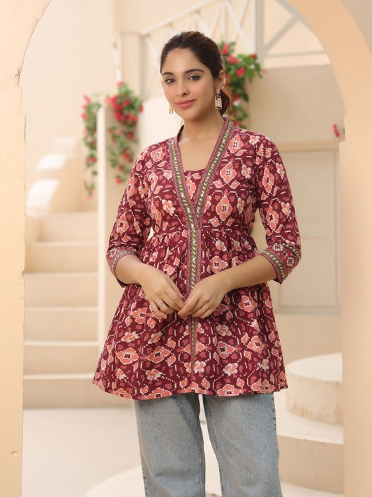 Abstract Printed V-Neck Cotton Top