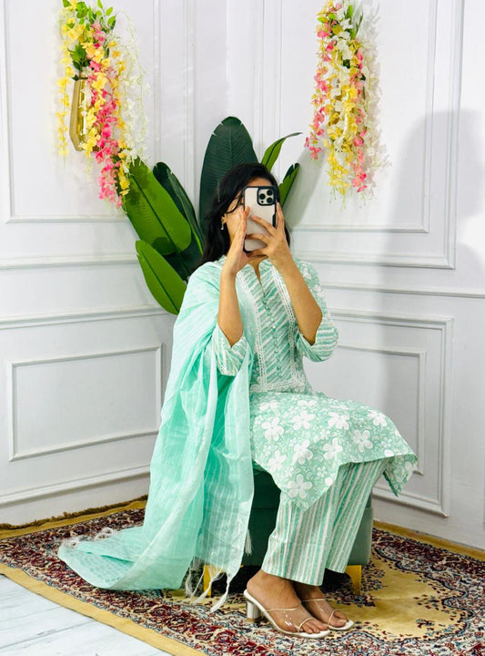 Women Printed Pure Cotton Kurta & Palazzos With Dupatta